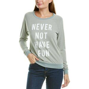 Sol Angeles Hacci Pullover Never Not Have Fun Novelty Print Light Green NWT